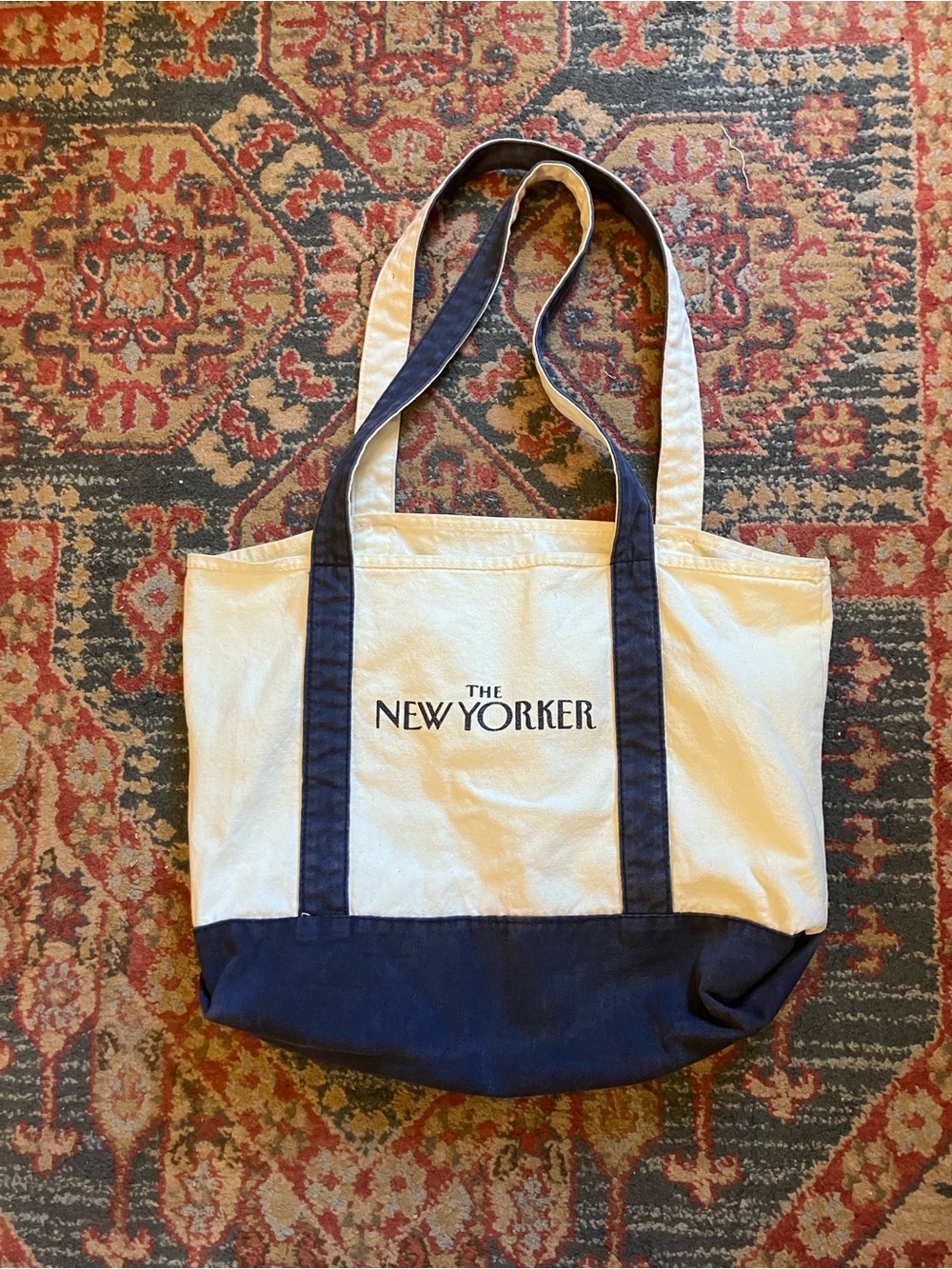 Rare Vintage New Yorker Two-Tone Canvas Tote in Cream and Navy